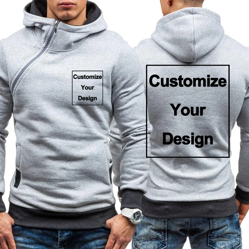 Novo personalizado dos homens diagonal zíper hoodies básico bolso com capuz diy logotipo/gráfico inverno térmico topos velo quente roupas masculinas