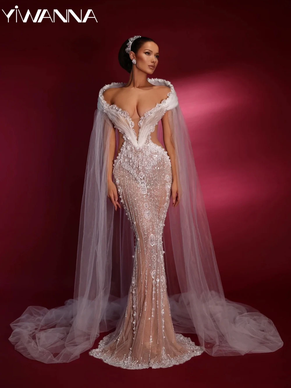 

Illusion Deep V-neck Mermaid Wedding Dress With Tulle Cape Luxury Beads Pearls Bridal Gown Customized Elegant Dresses For Bride