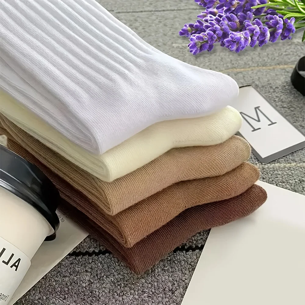 6 pares de meias femininas de cor sólida com listras verticais estilo casual, adequadas para uso casual, meias muito minimalistas e respiráveis