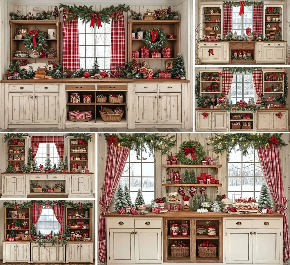 Mehofond Photography Background Christmas Kitchen White Cabinet Window Kids Family Holiday Portrait Decor Backdrop Photo Studio