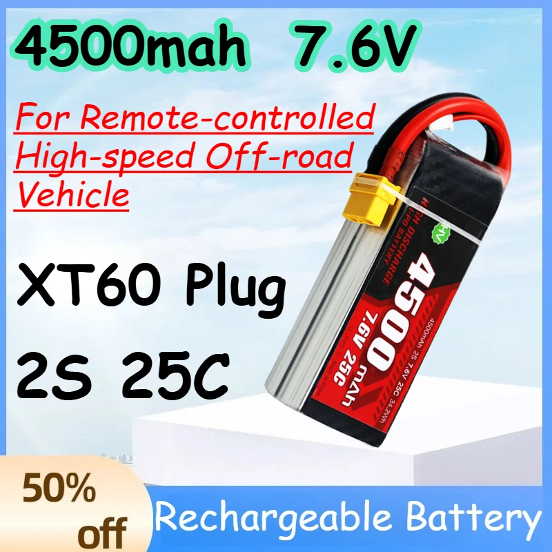 

4500mah 2S 7.6V 25C Replace Rechargeable Lipo Battery for Remote-controlled High-speed Off-road Vehicle Battery with XT60 Plug