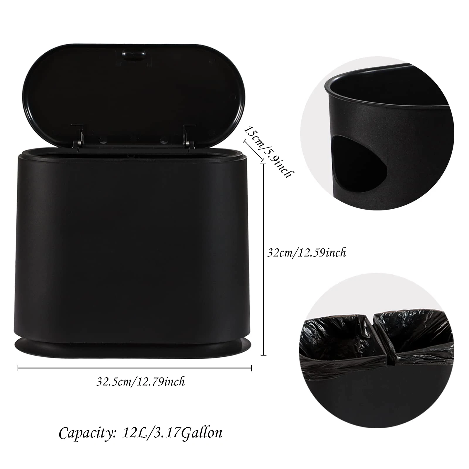 Slim Plastic Trash Can 12L Garbage Can with Press Top Lid,Black Modern Waste Basket for Bathroom,Living Room,Office and Kitchen