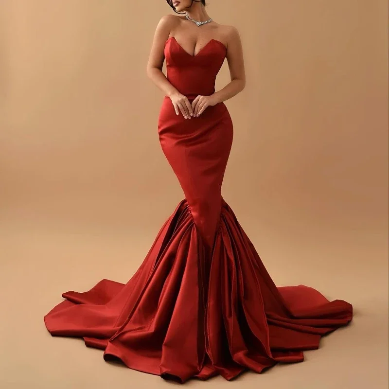 

V Neck Red Mermaid Wedding Party Dresses Draped Elegantes Mujer Formal Events Vestidos Straplessless Pleat Satin Evening Dress