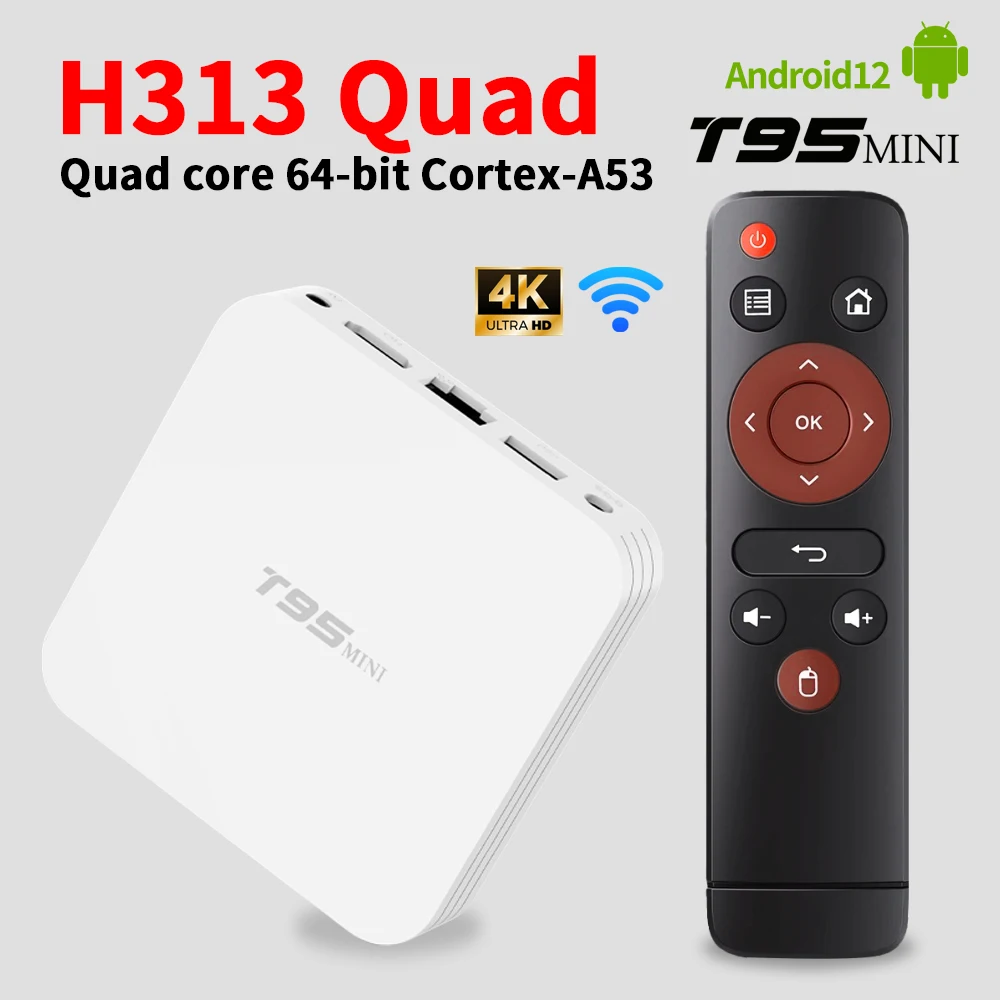 T95 Mini Android10.0 TV Box Smart TV H313 Quad Core 4K Ultra HD Streaming Media Player 2.4GHZ Wifi