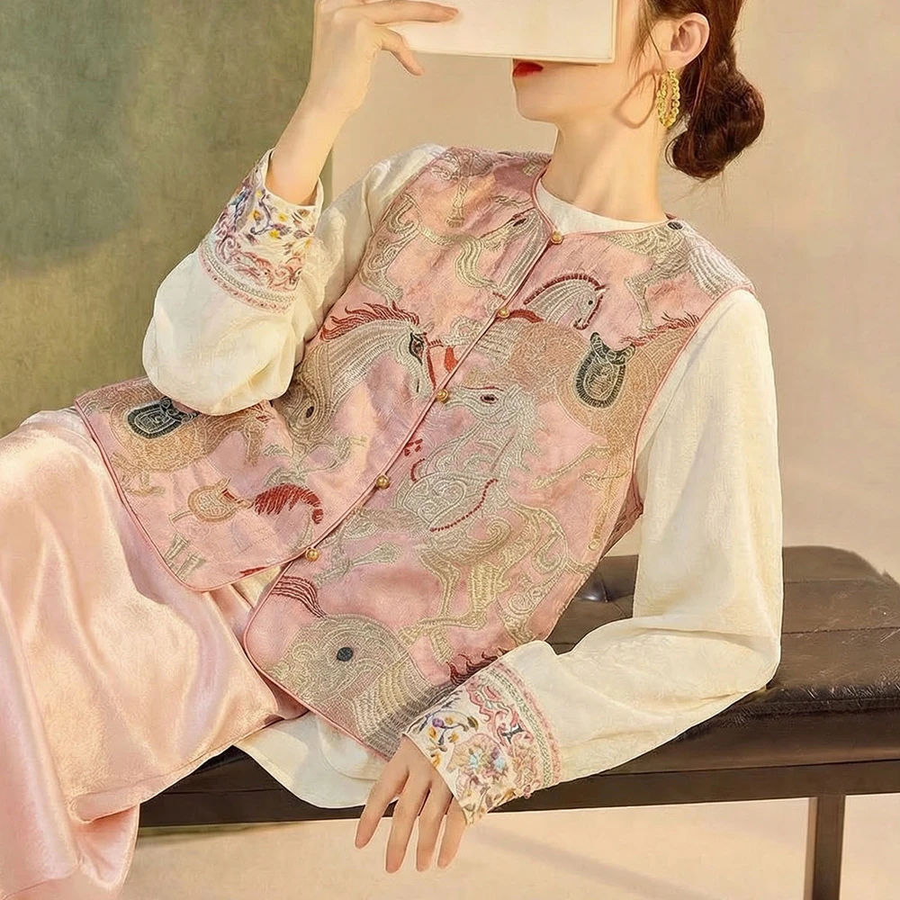 Womens Chinese Style Tangsuit Clothes Luxury Horse Embroider Vest Lady Elegant Hanfu Coat Improved Sleeveless Chesongam Top