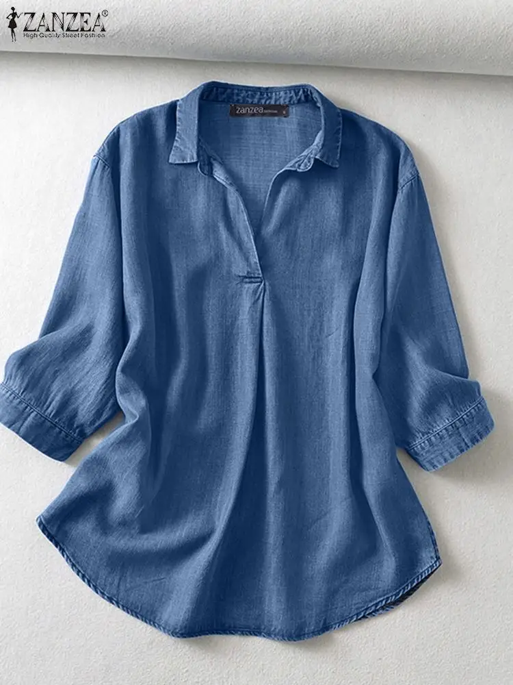 ZANZEA Women Summer V Neck 3/4 Sleeve Blouse Denim Blue Shirt Elegant Solid OL Work Tops Casual Loose Office Blusas Oversize