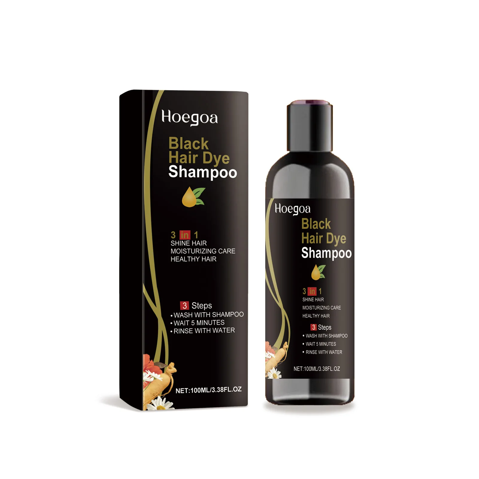 Hoegoa Black Color Hair Dye Shampoo Cover Gray White Hair Repair Dry Damaged Nourish Root Mild Formula Darkening Hair Shampoo