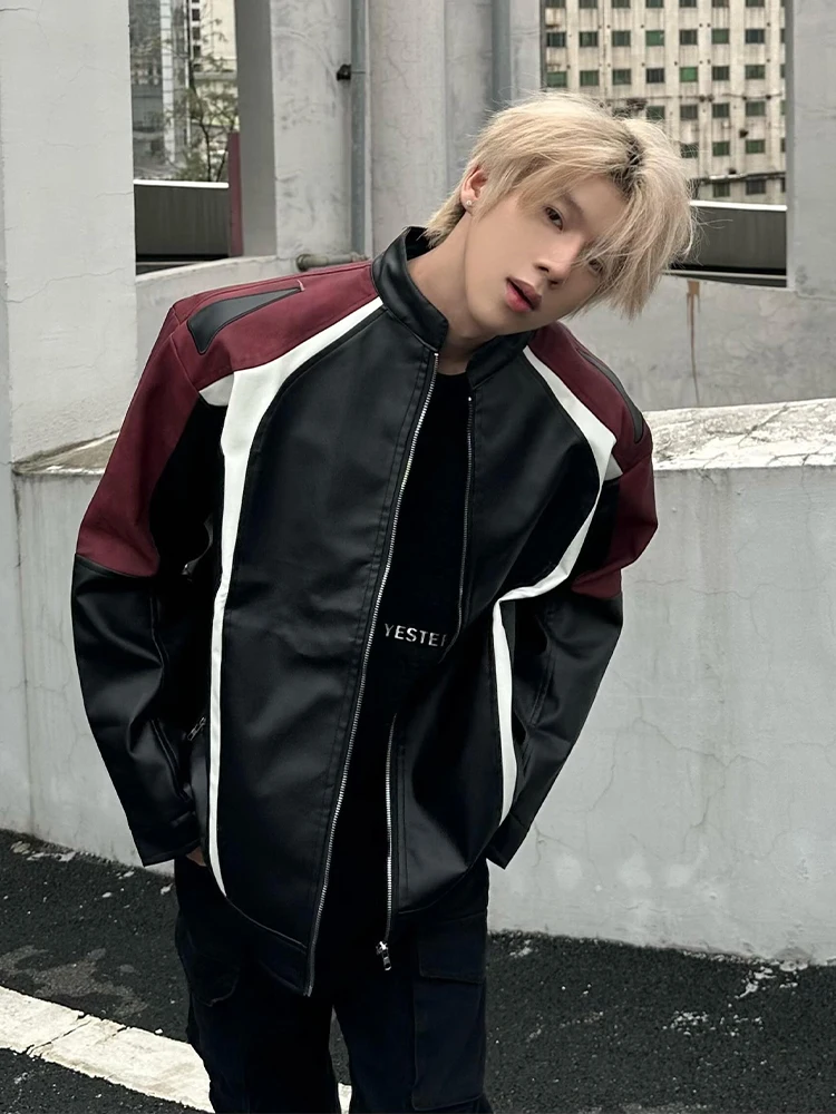 

Мужская кожаная куртка Cleanfit в стиле ретро, американская мотоциклетная куртка, весенне-осенняя, модная, с цветными вставками, воротником-стойкой, байкерская куртка