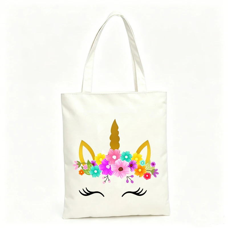 Women's fantasy creature canvas tote bag with floral crown, perfect for casual outings and summer shopping