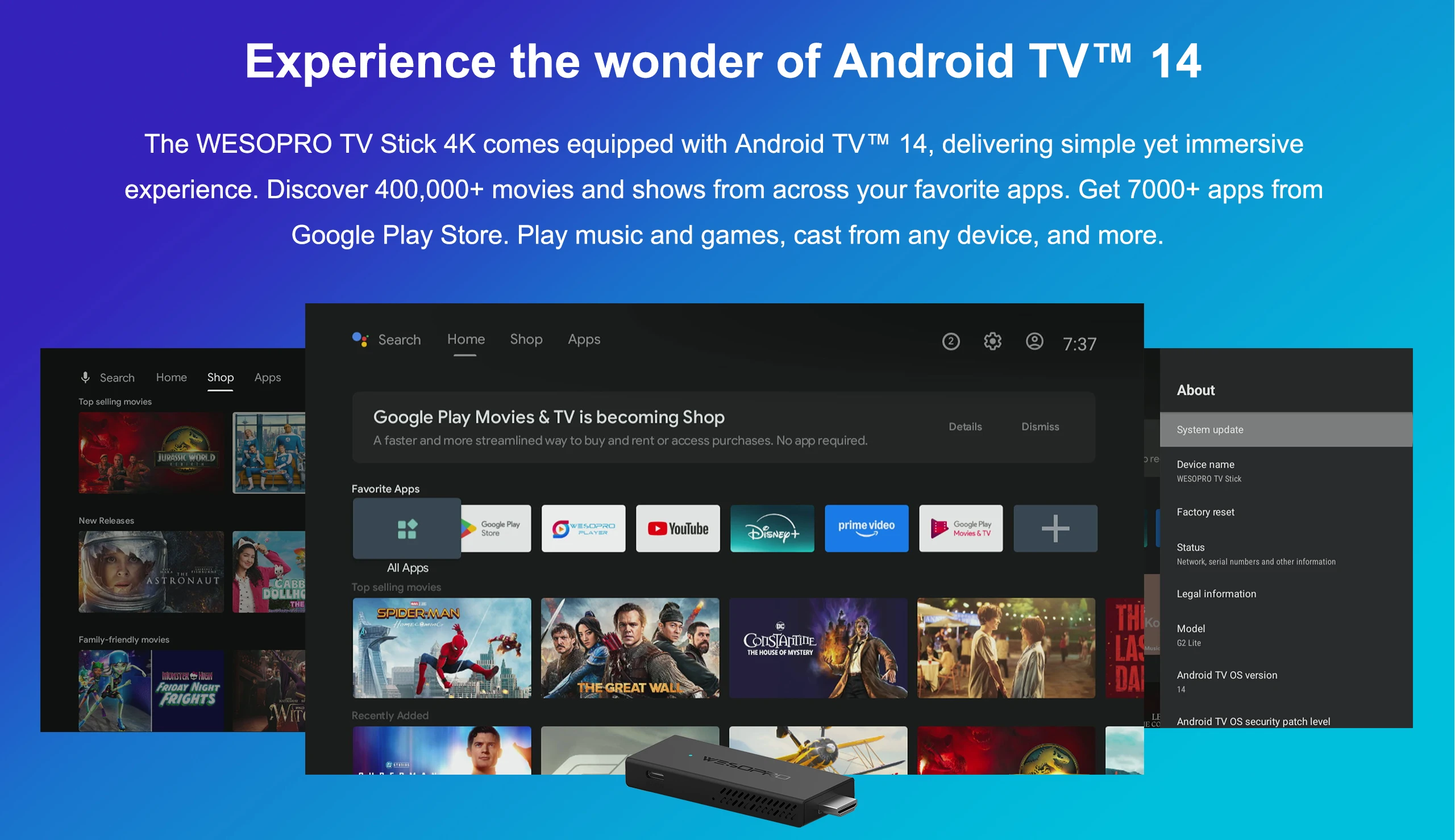 WESOPRO Android 14 TV Stick G2 Lite Smart IPTV Media Player 1 GB RAM 8 GB ROM Dualband 2,4 GHz/5,0 GHz Wifi6 4K 30fps Fire Mi Stick – Detail 5