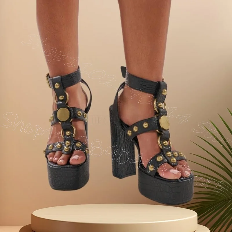 

Gold Rivets Black Open Toe Platform Sandals Buckle Strap Women Shoes Chunky High Heels Party Banquet 2026 Zapatos Para Mujere