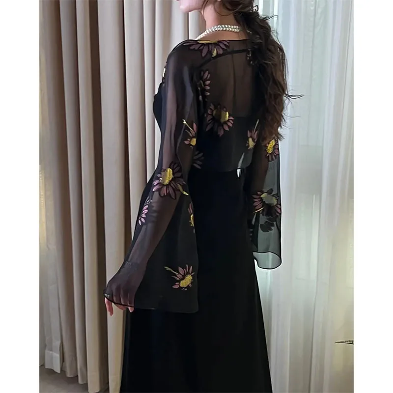 Elegant Black Formal Evening Dresses Saudi Arabia Long Sleeves Appliqued Prom Dresses Ankle-Length Party Gowns