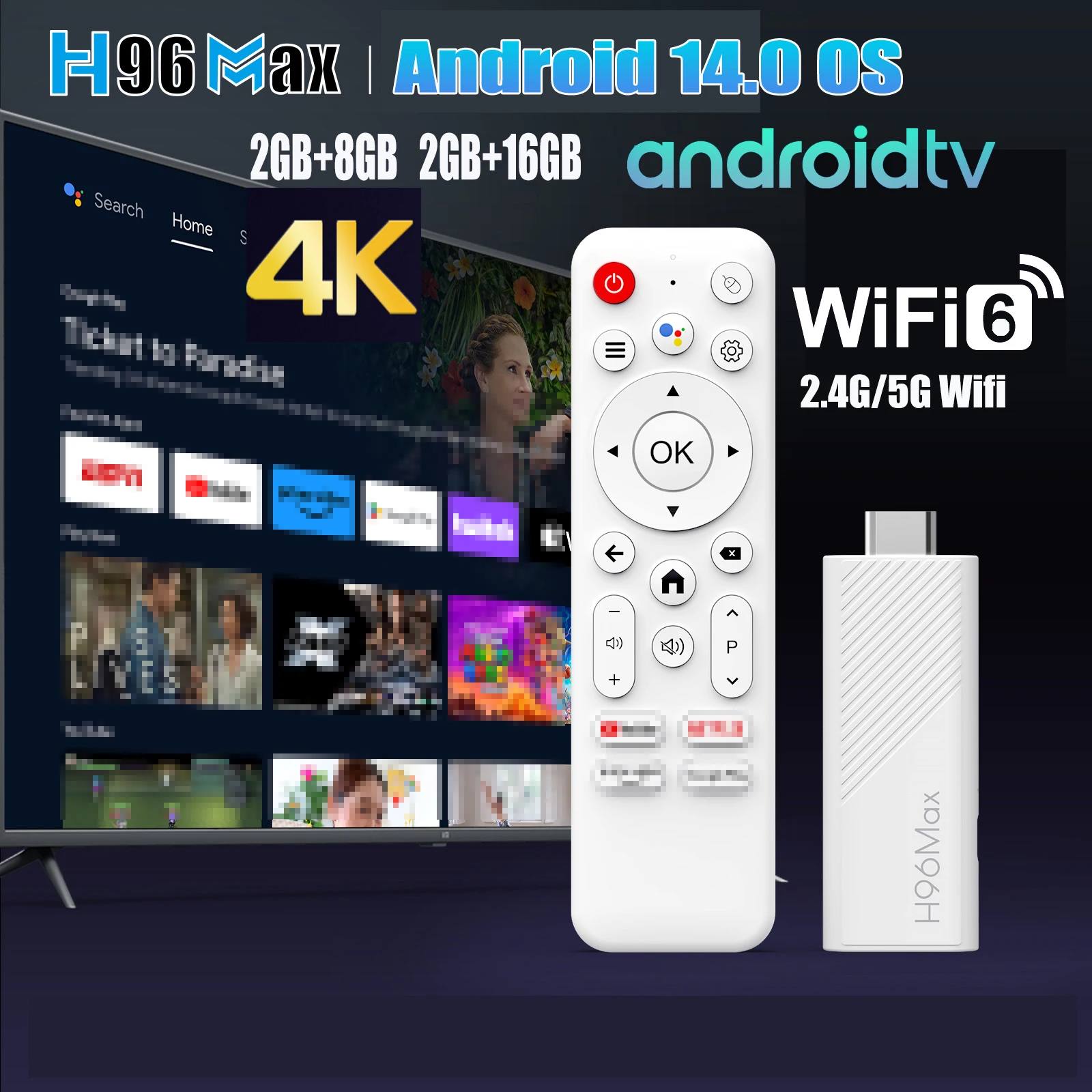 Android 14.0 TV Stick H96 MAX Allwinner H313 with 4K HDR 2.4G 5G wifi6 2GB 8GB 16GB Voice Remote