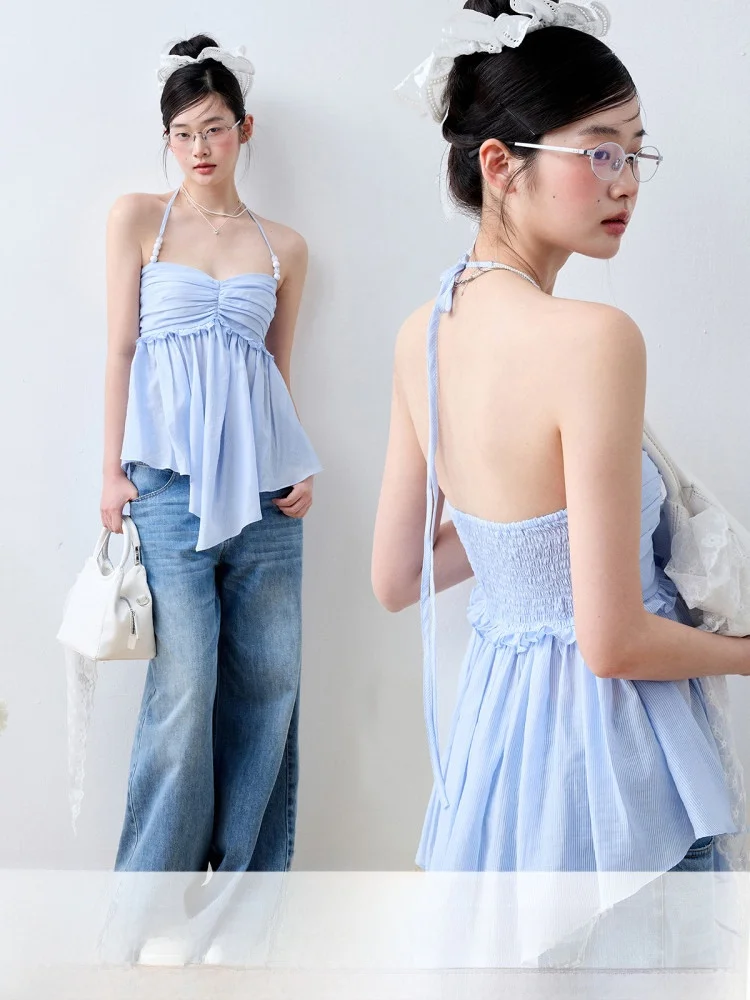 

Luamoss Summer Women's Silk Csole Tube Dr Ruffle Design Stripe Top Strapl Gown Korean Sle Casual Fit