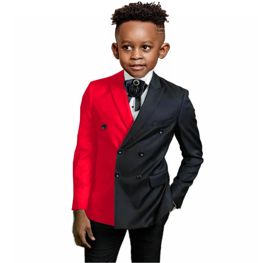 

Boys Black and Red Suit Slim Fit Peaked Lapel Double Breasted 2 Piece Formal Wedding Event Tuxedo Kids Party Blazer + Pants