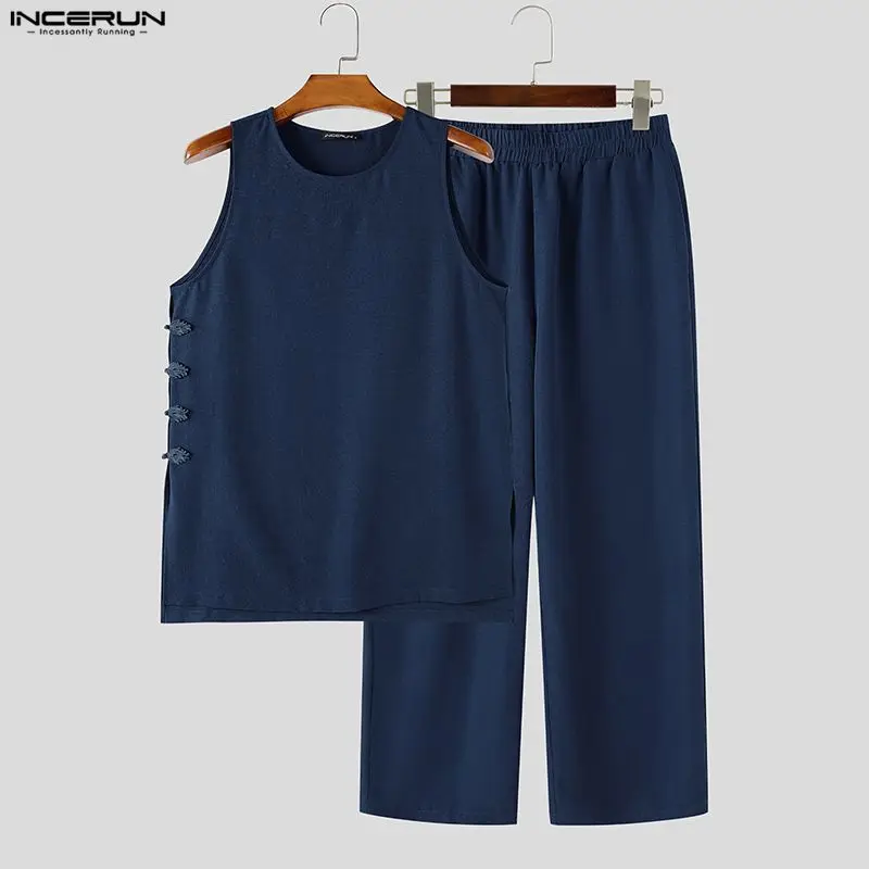 INCERUN Men's Sets Solid Vintage Streetwear Loose Sleeveless Tank Tops Pants Two Piece Sets 2026 Summer Casual Men Matching Sets view 4