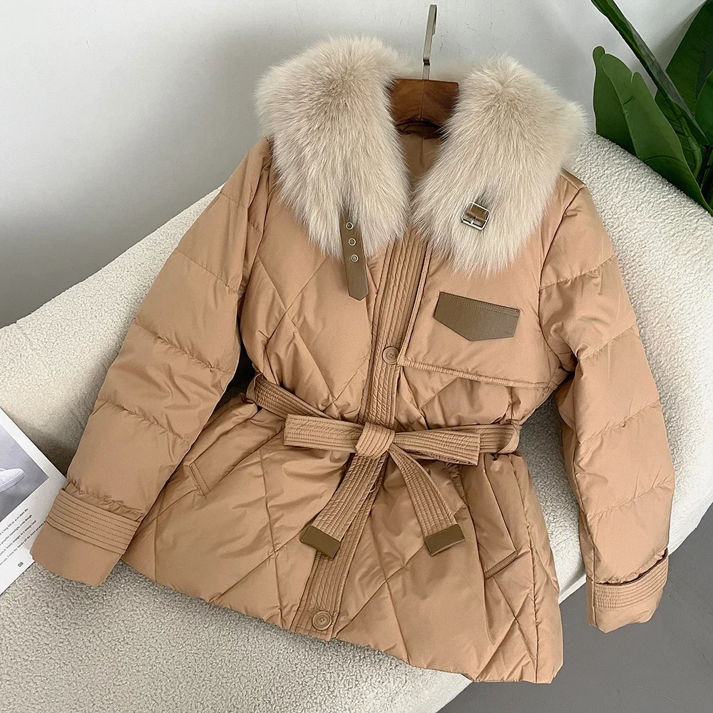 Down Jacket Women Autumn Winter Real Fur Coat Lace-up with Fox Fur Collar Thickened Warm White Duck Down Jacket Real Fur Coat