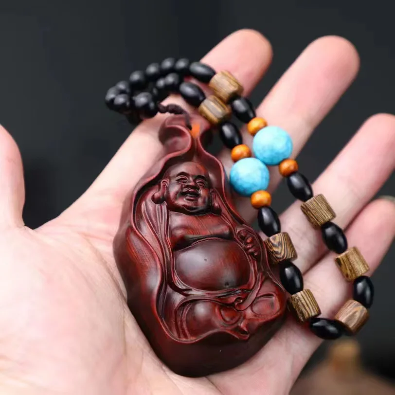 

UMQ Natural Lobular Red Sandalwood Handlebars Lucky Maitreya Buddha Wood Carving Men's Carry-on Car Pendant Jewelry