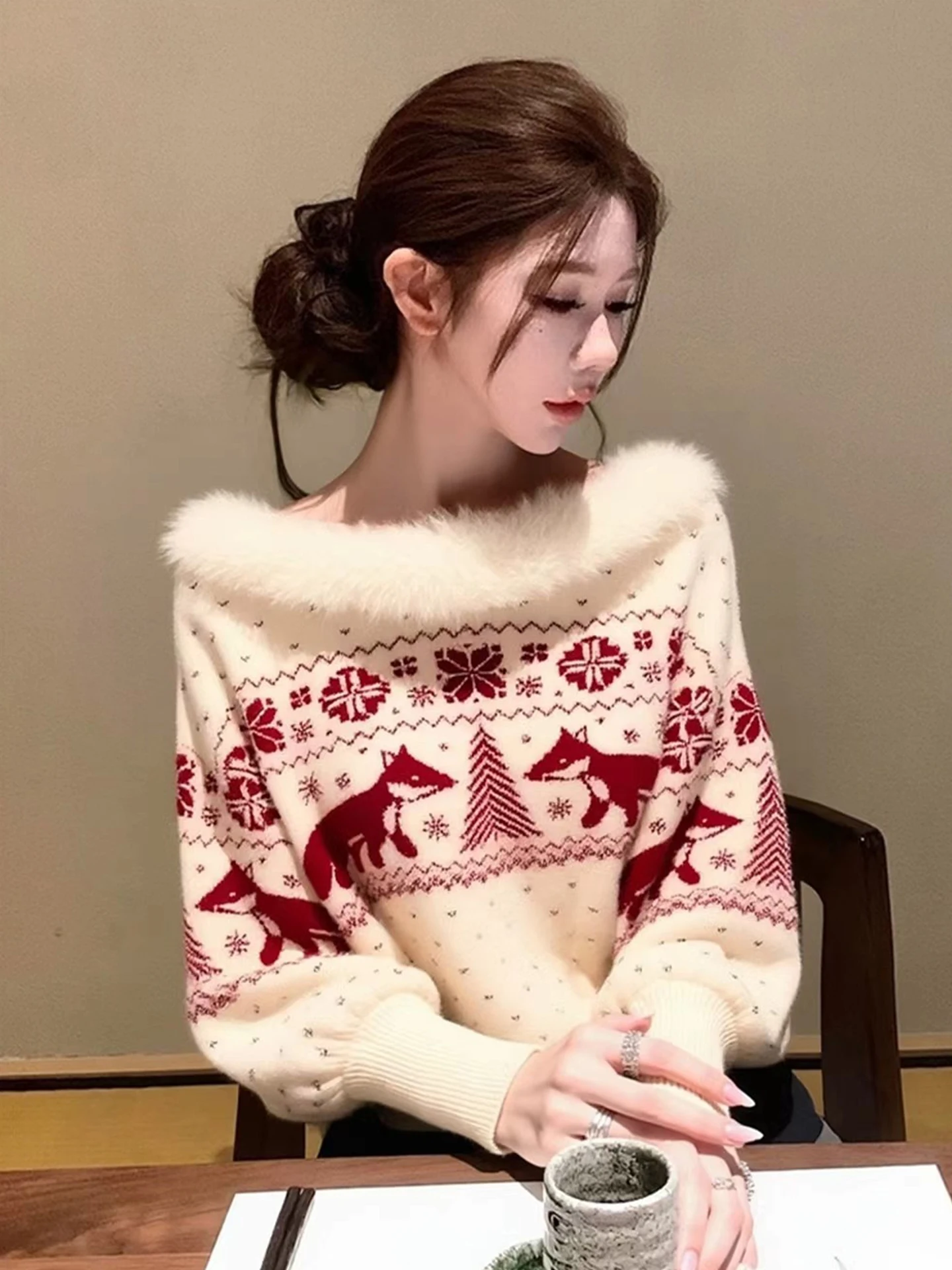 

Retro Fair Isle Knitted Sweater Women's Autumn Winter Soft Cozy One oulder Wool Collar Slimming Sweater Commute Sle