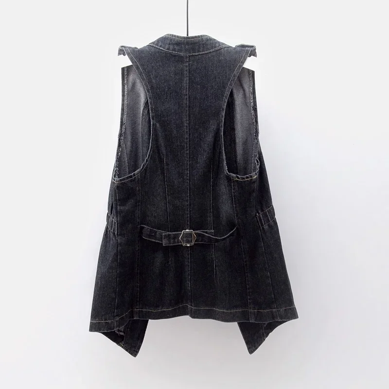خمر الأزرق الأسود سترة جينز المرأة سترة صدرية ضئيلة قصيرة كاوبوي جاكيت بلا إكمام معطف الوقوف طوق الجينز سترة الإناث