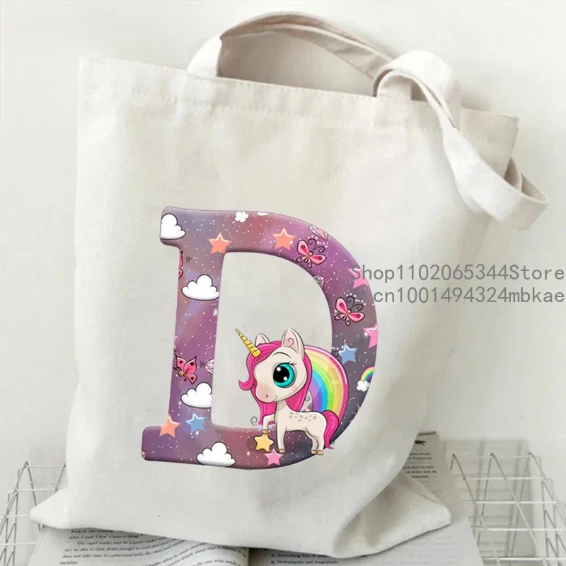 Kawaii Cartoon Unicorn Alphabet Pattern Canvas Shoulder Bag Women Cute Animals Lover Tote Bags 26 Alphabet Unicorn Women Handbag