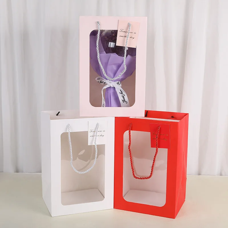 

Handheld Paper Tote Bags Transparent Window Colored Kraft Paper Shopping Bag Shoes Hats Clothing Store Product Pack Bags