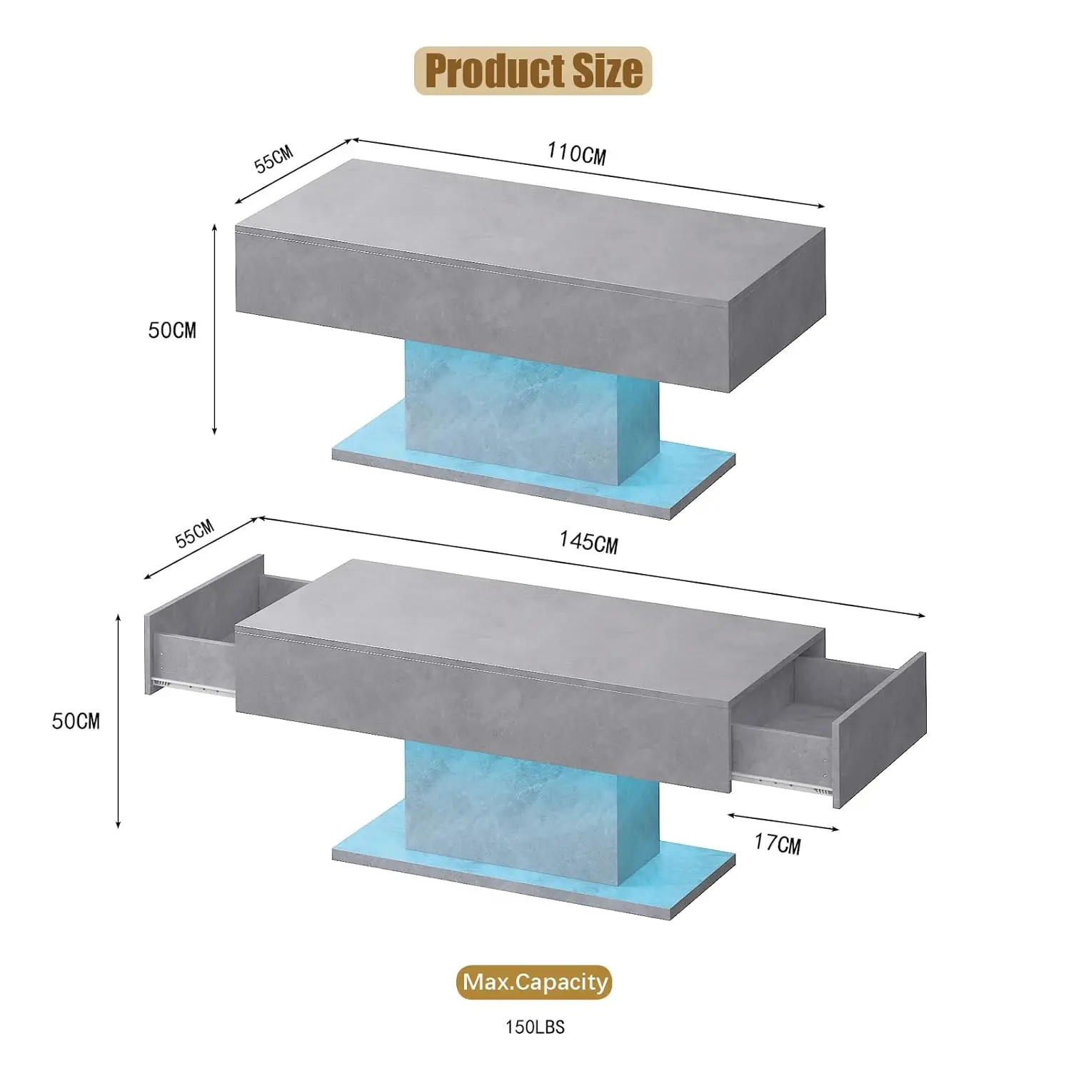 #Grey Led Coffee Table 2 Storage Drawers High Glossy Wooden Living Room Dining Reception Room, Customized