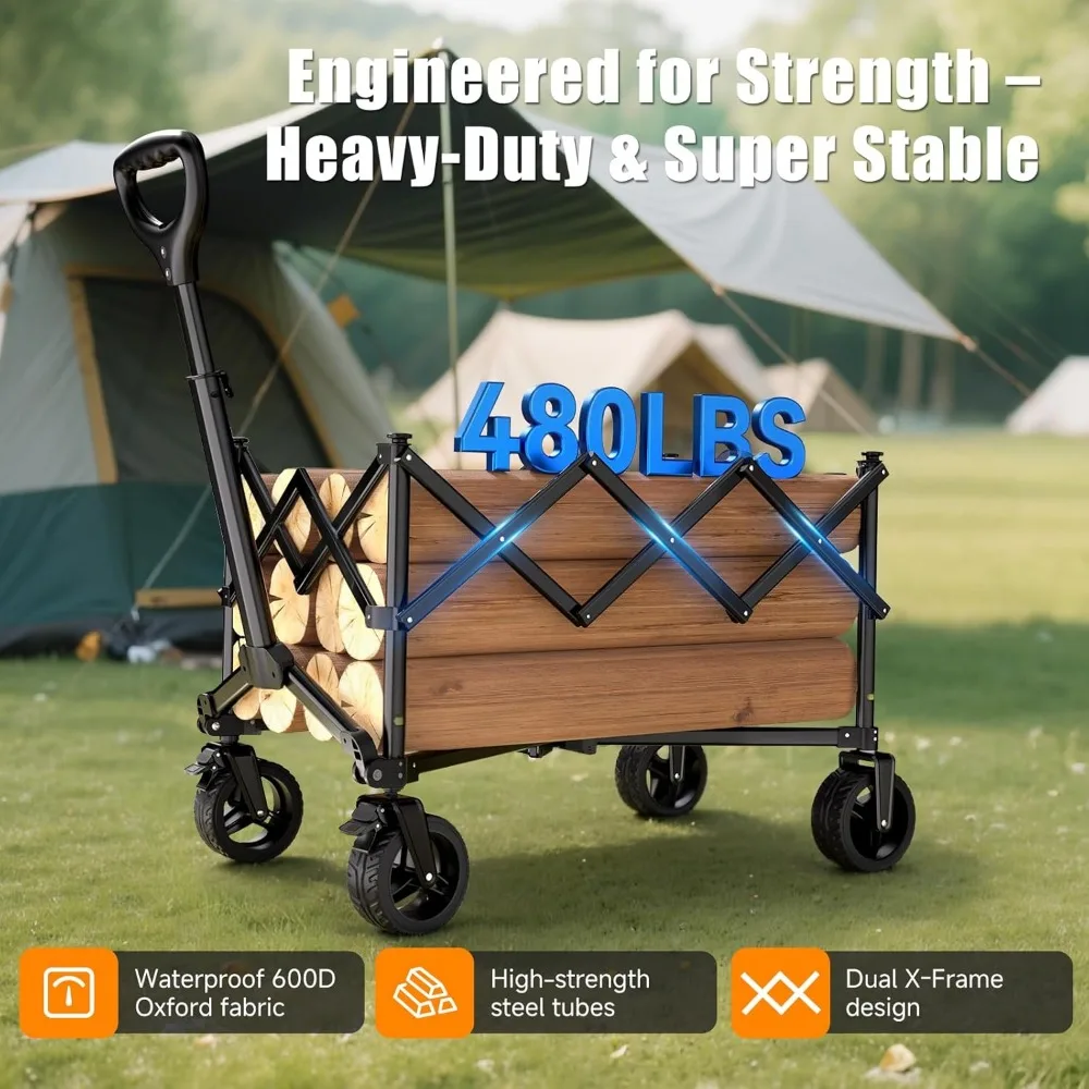 Robuuste opvouwbare wagenwagen met universele wielen, bekerhouders voor kamperen, strand, winkelen