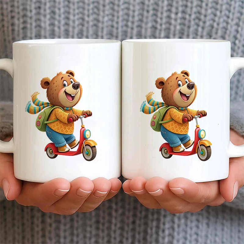 Cartoon Bear Riding Scooter Colorful Print Ceramic Coffee Mug 11oz 350ml Personalized Custom Cute Aesthetic Mug Microwave Safe B