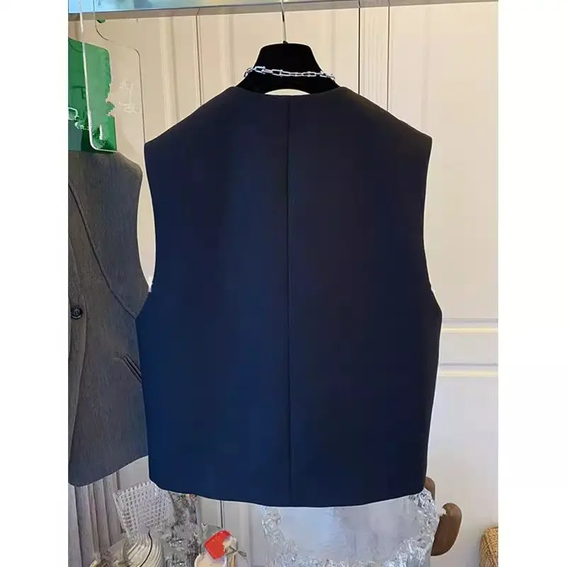 Luxury High-end Suit Vest Waistcoat Loose Jacket Top Women's Spring Autumn Design Sleeveless Office Ladies Coat Black Grey