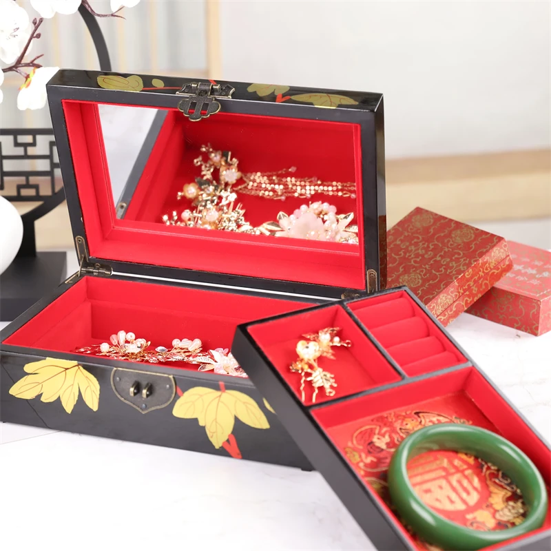 Antique Wooden Jewelry Box, Antique Storage Boxes, Chinese Lacquerware, Lacquer Arts with Lock, Wedding Gift, Red, Blue, Black