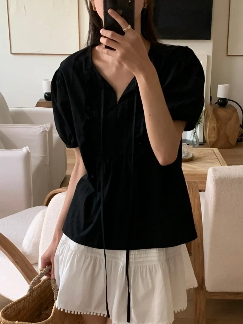 Summer New Women's Bubble Sve irt Loose Fit Sweet Tie ort Sve Blouse Versatile Design Wood ain  Detailing
