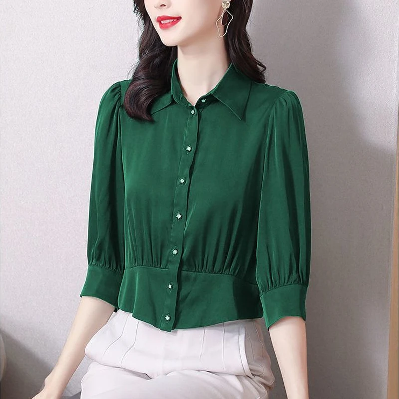 Summer New Polo Neck Plus Size Office Blouse 3/4 Sleeve Solid Slim Pleated Temperament Shirt Tops Elegant Fashion Women Clothing