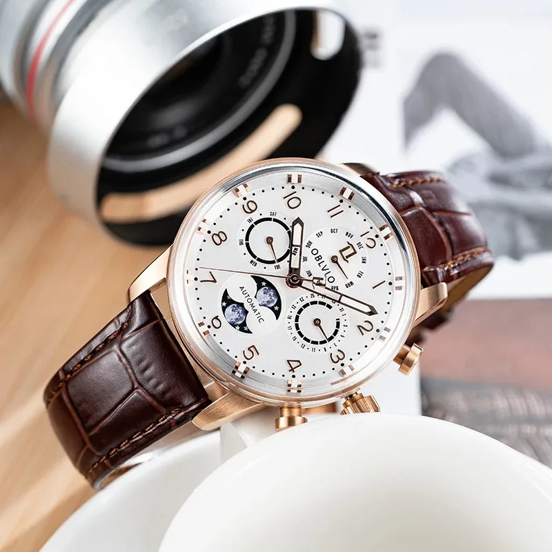 OBLVLO ساعة أوتوماتيكية للرجال 42 مللي متر مرحلة القمر ساعة اليد الميكانيكية مقاوم للماء الياقوت مضيئة متعددة الطلب شهر تاريخ الأسبوع