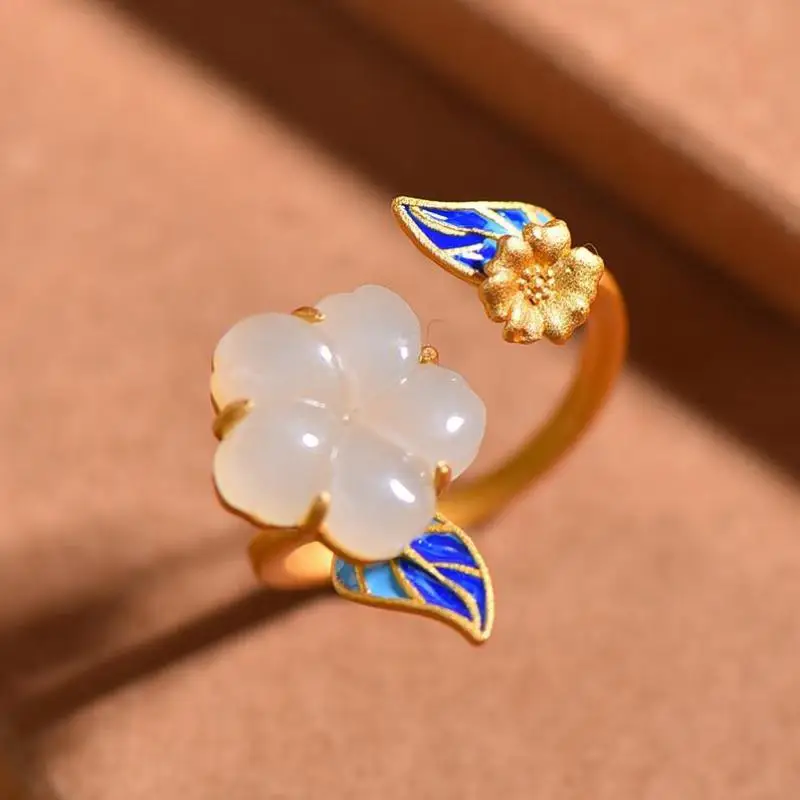 Genuine China Nephrite Stone White Jade Plum Blossom Flower Ring 925 Silver Certified Jewelry Women Natural Hetian Jade Rings