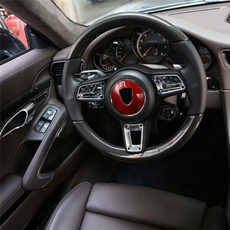 

L37A-Black Carbon Fiber Steering Wheel Cover Trim For Porsche 911 Panamera Cayenne Boxster 718 2019-2023 Logo Circle Sticker Par