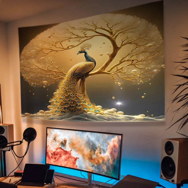 Golden Peacock Money Tree Tapestry Polyester Wall Hanging For Bedroom, Dorm Decor Includes Free Accessories Perfect Gift Idea