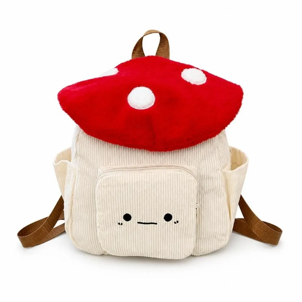 Cute Corduroy Cartoon Mushoom Backpack Black Red Coffee Large Capacity Schoolbag Star Dot Flip Cover Shoulder Bag Women Daily