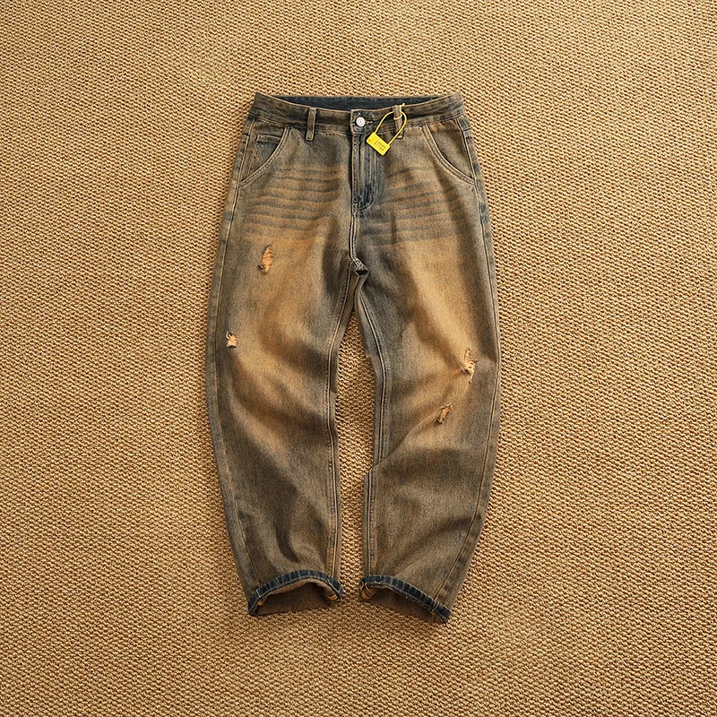 Men's Yellow Mud Dye Heavyweight Washed Distressed Jeans American High Street Loose Straight Tapered Retro Denim Pants