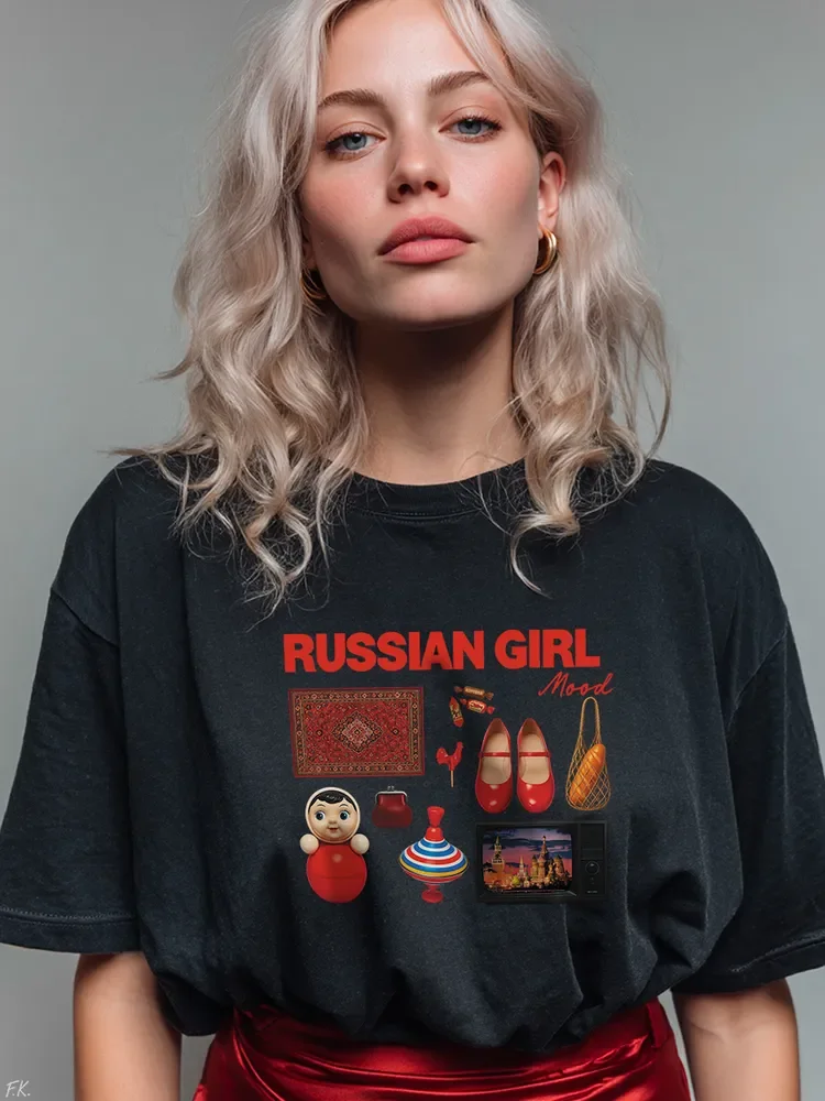 夏ロシアスタイル純綿女性服テレビ人形プリントグラフィック Tシャツ y2k 多用途通勤半袖トップス 1