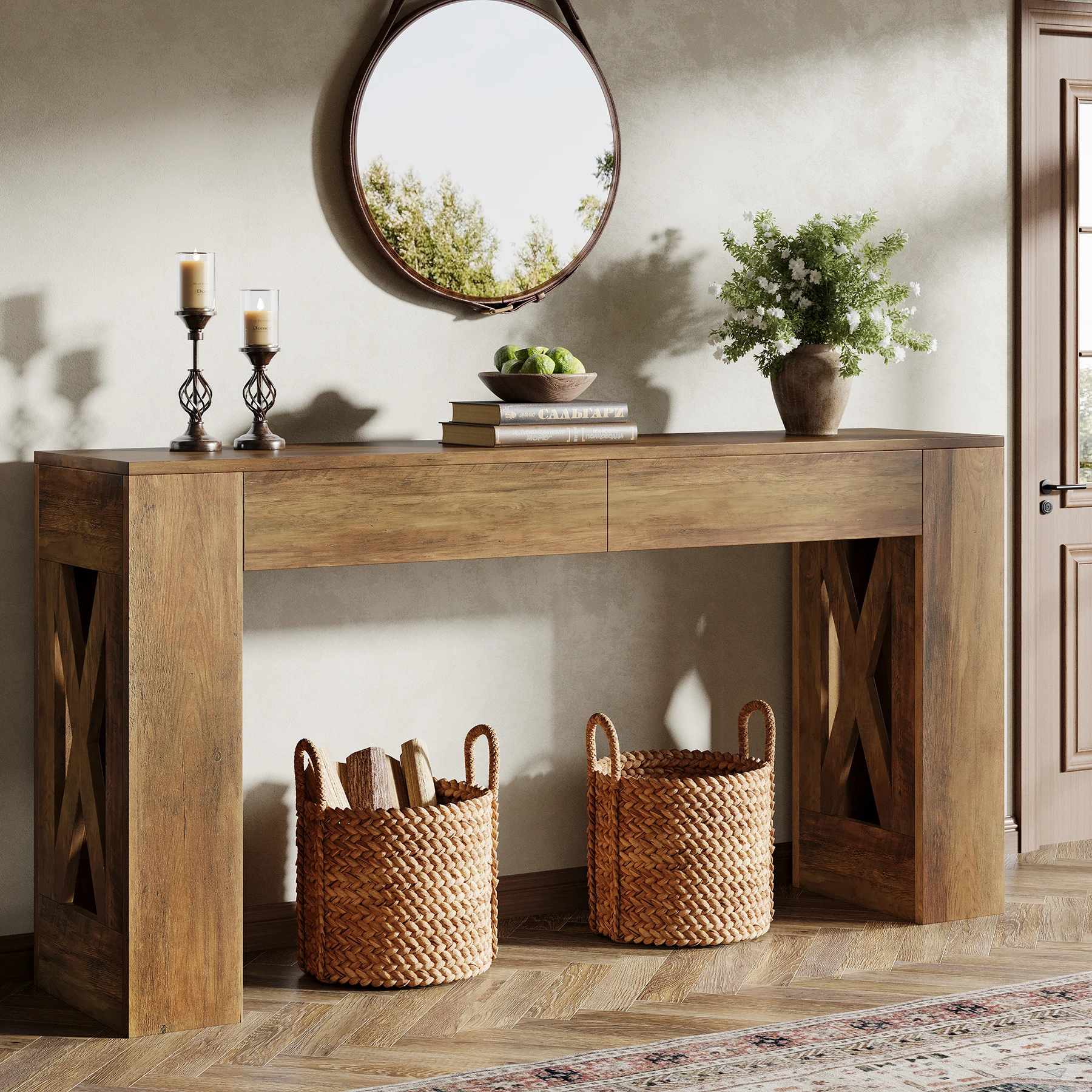 # 63-Inch Long Console Table, Farmhouse Entryway Table with 2 Drawers and X-Shaped Legs,Narrow Sofa Furniture Behind T