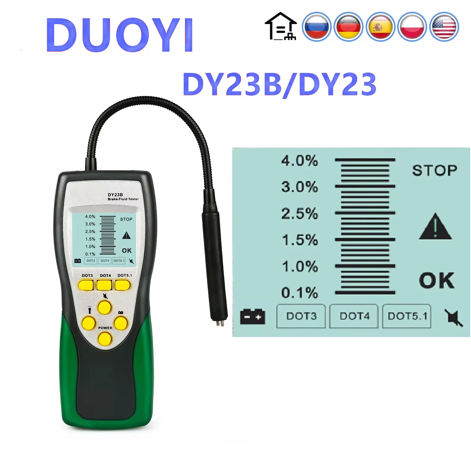 DUOYI DY23B DY23 Car  Brake Fluid Tester Oil Inspection Goose Neck Detector Sound and Light Double Alarm for  DOT5 DOT3 DOT4