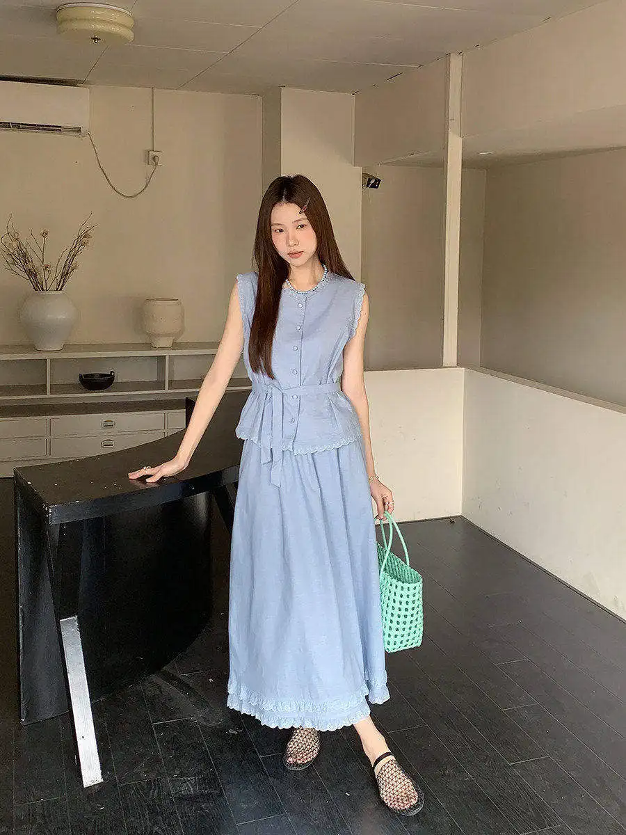 

High Waist Lace Trim Belted Svel Top And Skirt Set Women's Faionable Ensemble Linyunyun round Ne Cotton Blend