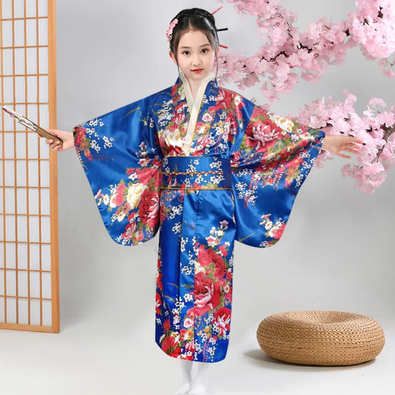 New Children\'s Epiphyllum Kimono  Printed Japanese Bathrobe Girl  Temperament Bow Princess Skirt Performance Dress  kimono