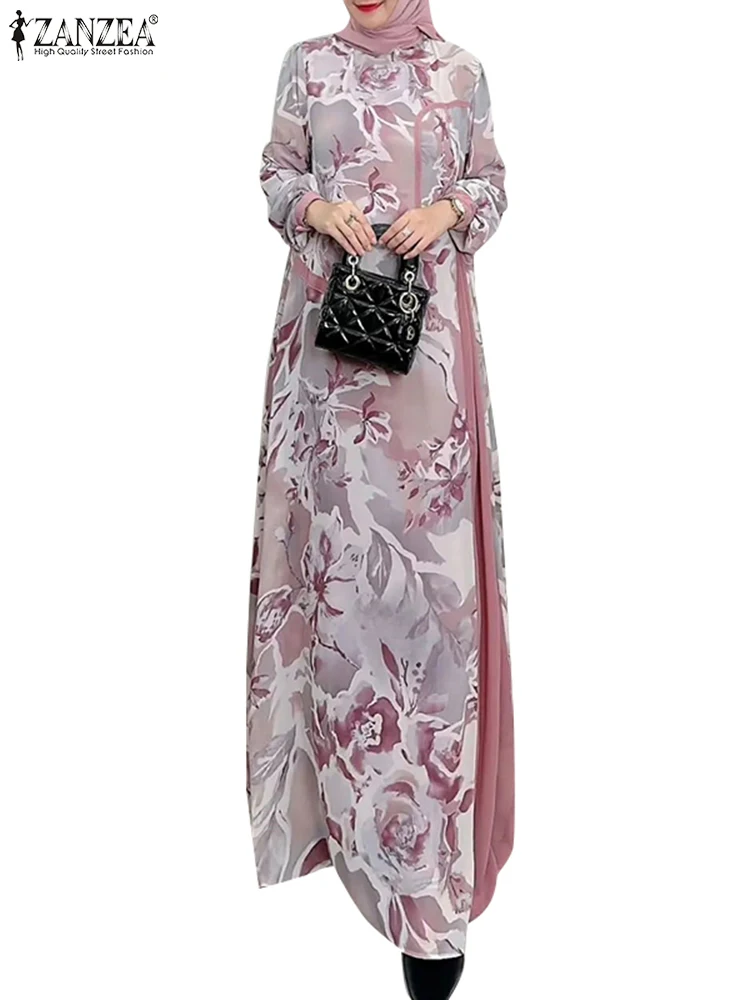 ZANZEA Muslim Fashion Floral Print Maxi Dress Women Elegant Fake Two-Piece Patchwork Abaya Vestidos Islamic Long Sleeve Robes