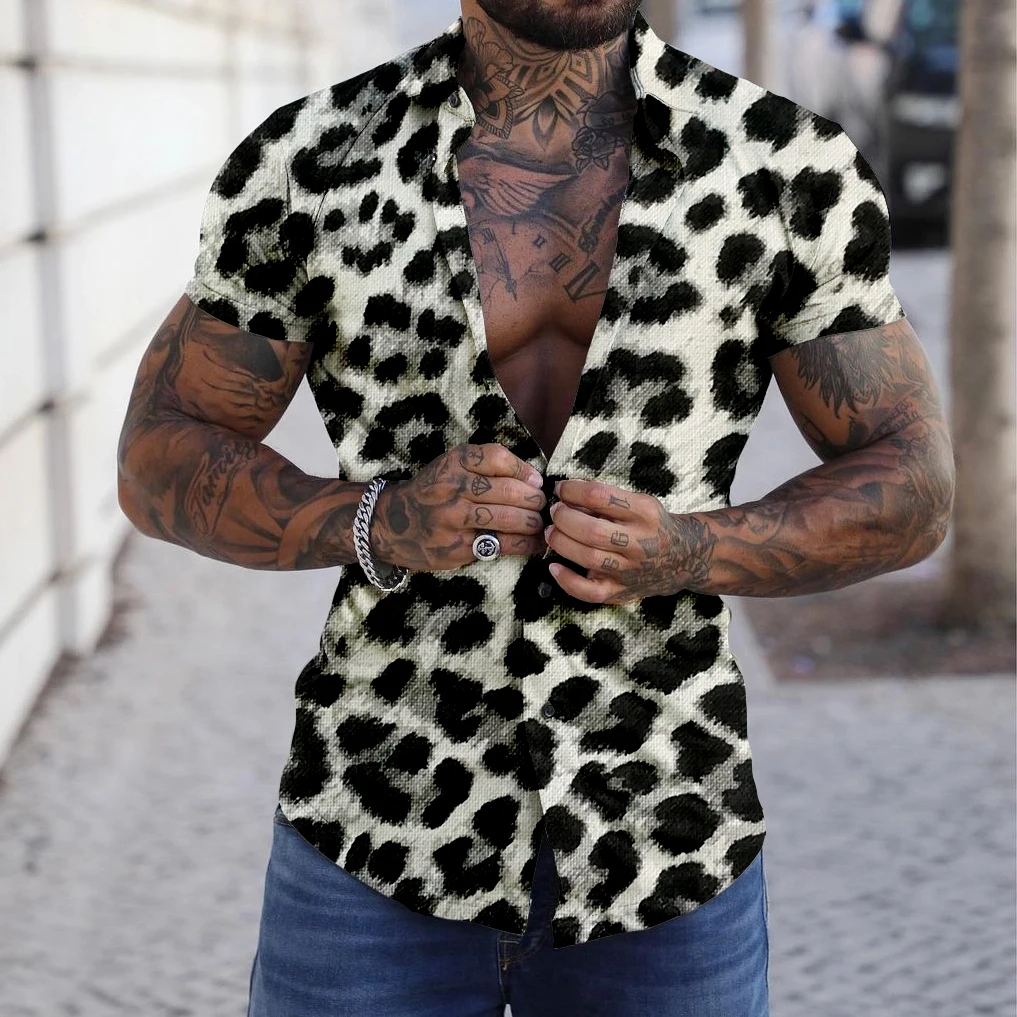 Summer Men Luxury Leopard Print Shirt Vintage Tops Tees Casual Stylish Blouse Trun Down Collar Clothing Male Beach Style Outfit