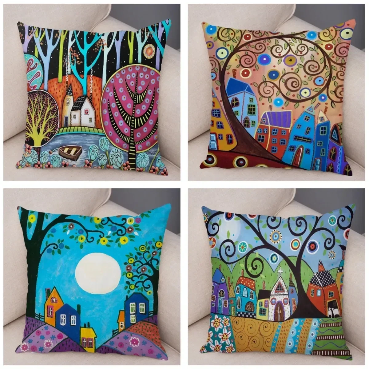 Retro Rural Color Cities Cushion Cover for Sofa Home Car Decor Colorful Cartoon House Pillow Case Tree Pillowcase 40x40cm 16Inch