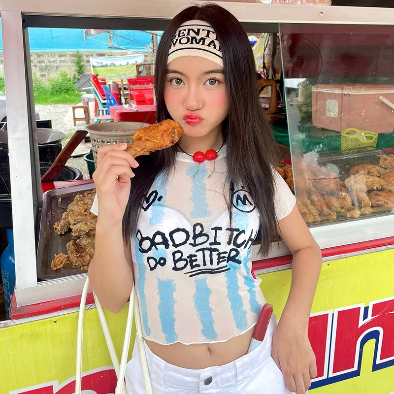 Y2K Sexy Gauze Cat Printed T-Shirts Goth Aesthetic Vintage Black Lace Mesh See Through Crop Tops Summer Women Tees Streetwear