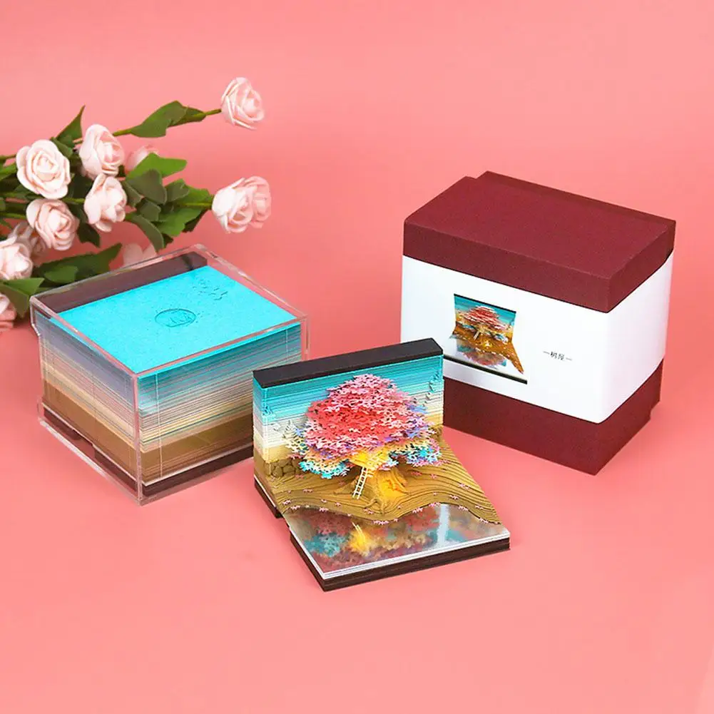3D Pink Cherry Tree With Light Memo Pad DIY Art Building Block Paper Carving Treehouse Notepad Creative Post Notes Gift