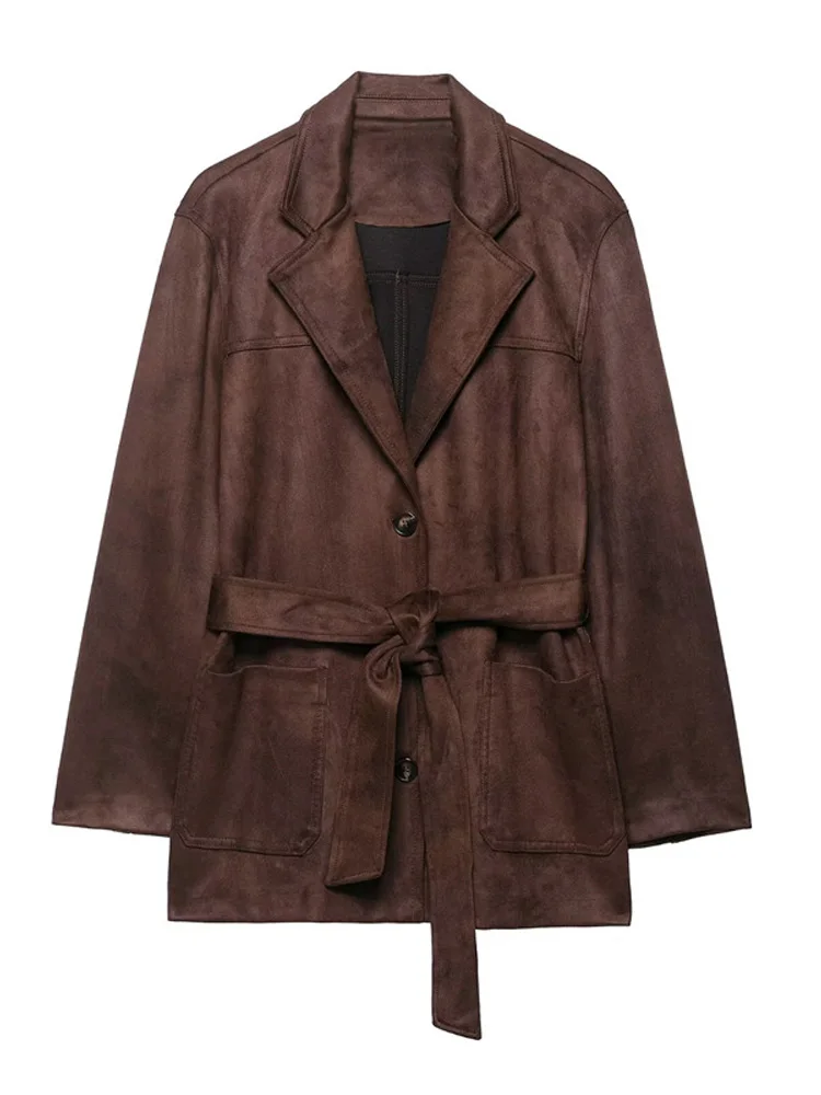 Vintage rue daim vestes femmes revers ample manches longues ceinture manteaux femme automne Chic mode solide vêtements d'extérieur dame